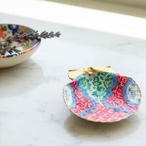 Patchwork Tile Shell Ring Dish Handmade Scallop Trinket Dish Boho Eclectic Decor